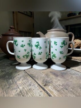 Vintage Lefton China Irish Coffee Cup Mugs Pedestal Set of 3  St. Patrick’s Day